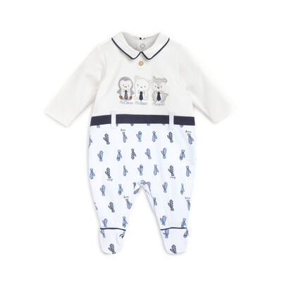 Boys White and Light Blue Applique Leg Opening Babysuit
